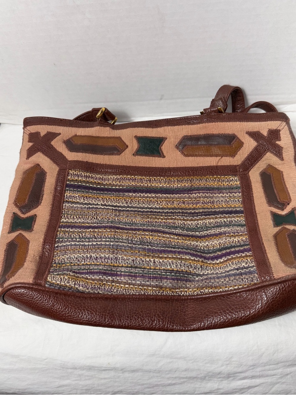 Vintage Valerie Barad Brown and Tan Boho Woven Panel Shoulder Bag